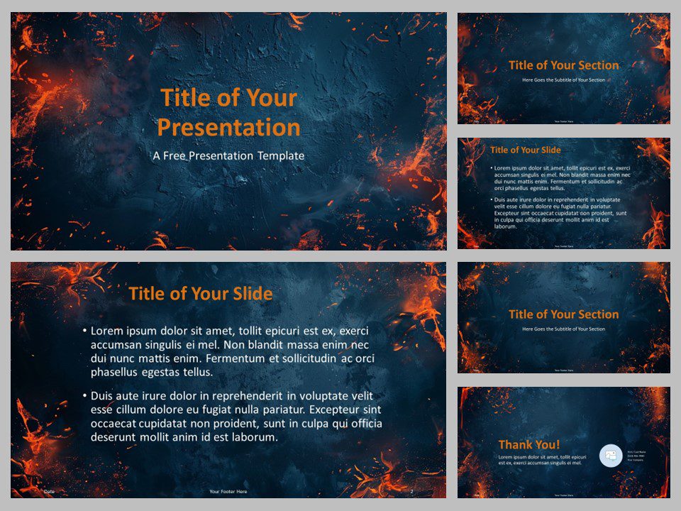 Overview of the Slate Inferno Template featuring the cover slide with a fiery and slate-themed background for PowerPoint and Google Slides.