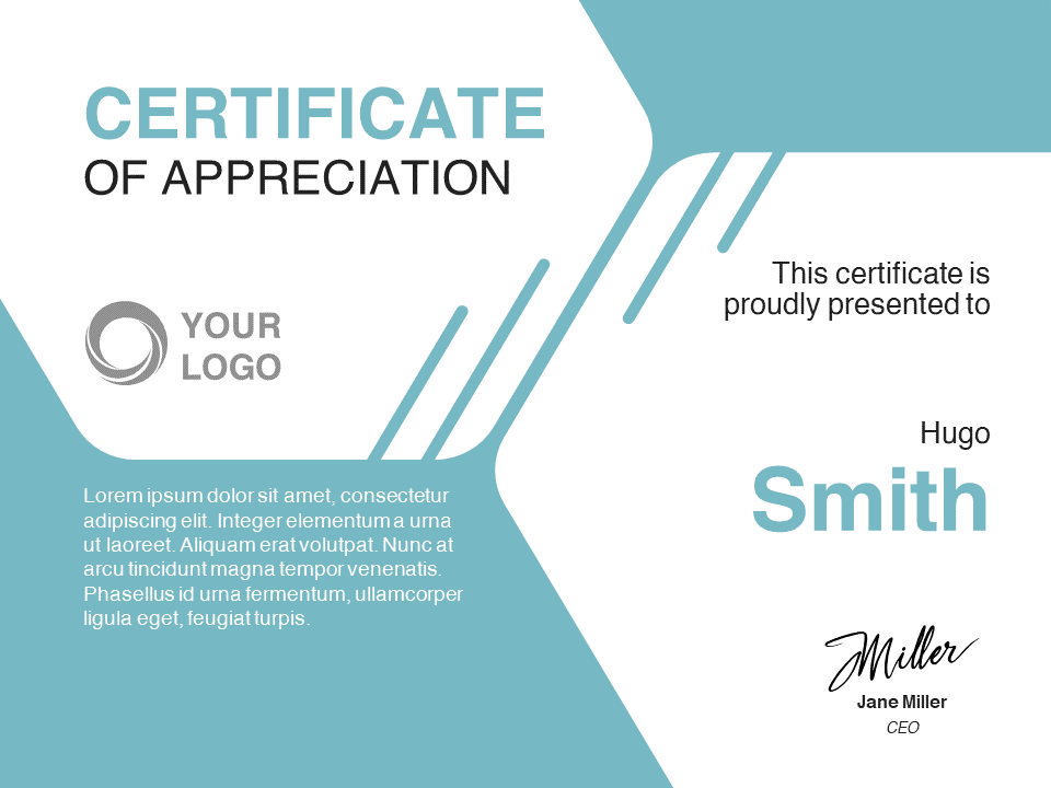 Preview of the Teal Appreciation Certificate Template, featuring a sample photo in the picture placeholder within a modern frame, highlighting the customizable and professional design.