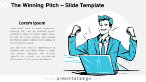 The Winning Pitch slide template with a light background, showing a modern line art design of a businessman in celebration pose for PowerPoint & Google Slides.