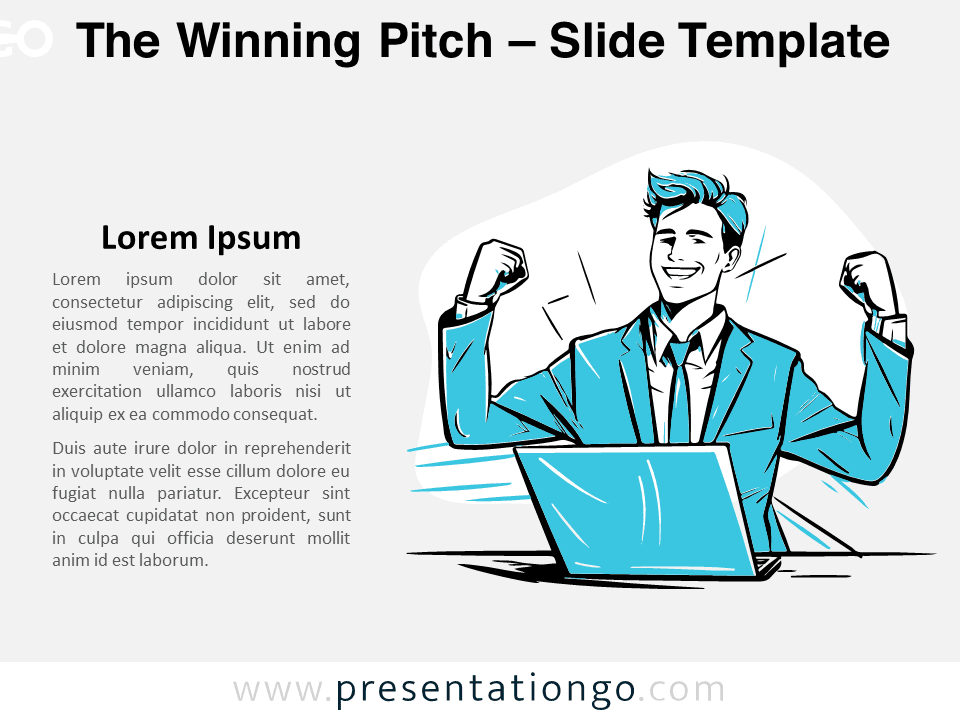 Preview of The Winning Pitch template for PowerPoint and Google Slides featuring a celebratory businessman illustration.