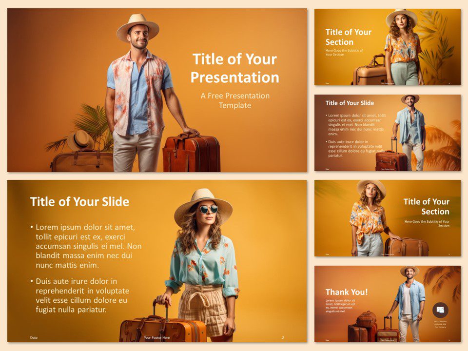 Preview of Traveler’s Escapade Template for PowerPoint with 6 slides, prominently featuring the cover slide.