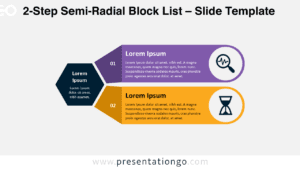 2-Step Semi-Radial Block List template slide with a light background for PowerPoint and Google Slides, featuring a central hexagon with two horizontal blocks.