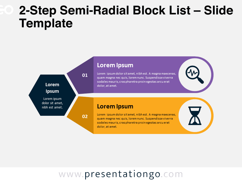 Featured image of the 2-Step Semi-Radial Block List template for PowerPoint and Google Slides, showing a preview of the template slide.