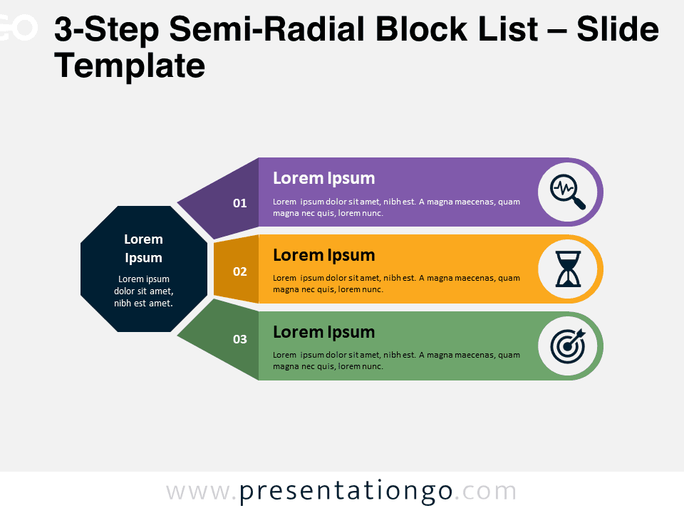 Preview of the 3-Step Semi-Radial Block List template for PowerPoint and Google Slides.