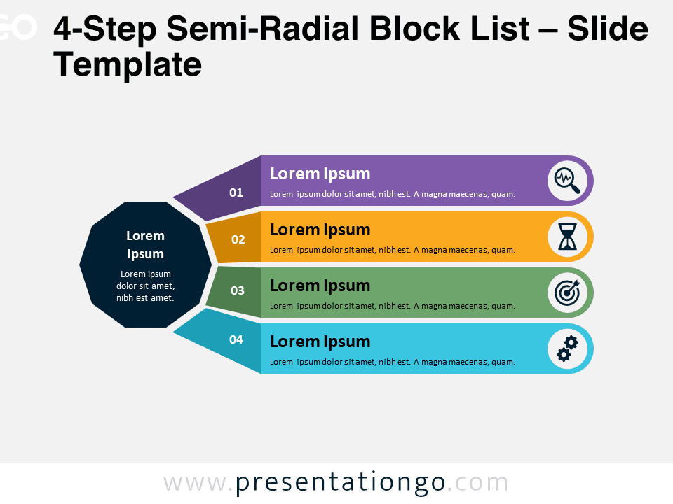 Featured image of the 4-Step Semi-Radial Block List for PowerPoint and Google Slides, showcasing the template slide with a central decagon and four connected horizontal blocks.