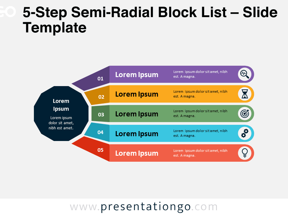 Featured image of the 5-Step Semi-Radial Block List template for PowerPoint and Google Slides, showcasing the central dodecagon design with five connected steps.