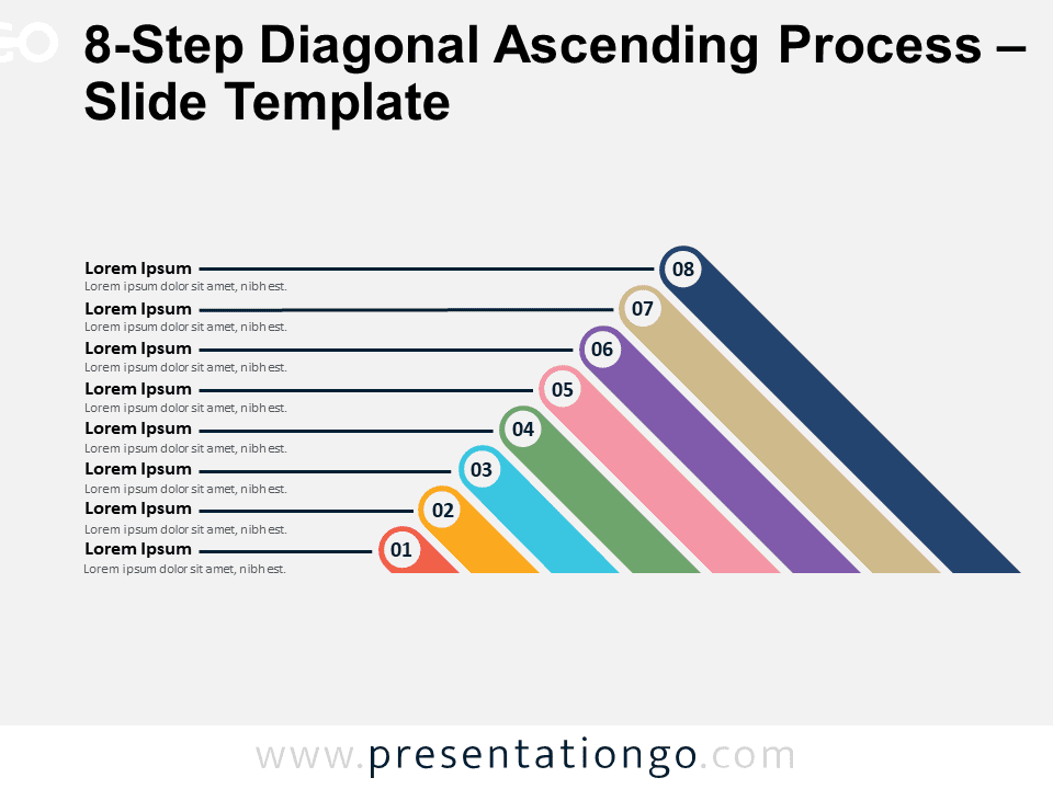 Featured image of the 8-Step Diagonal Ascending Process template for PowerPoint and Google Slides, showing a preview of the slide layout.