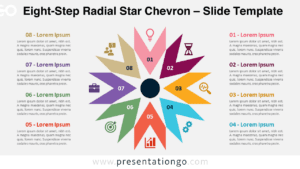 Template slide of the Eight-Step Radial Star Chevron for PowerPoint and Google Slides with a light background, featuring chevron arrows and icons.