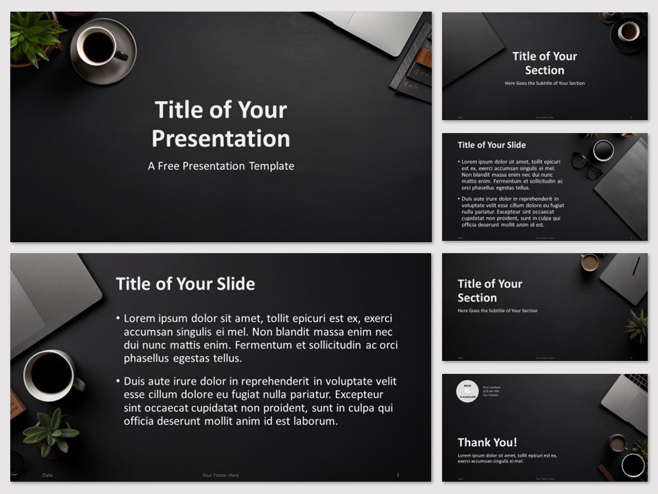 Preview of the Midnight Coffee Desk Template for PowerPoint with six slides and cover slide prominently displayed.