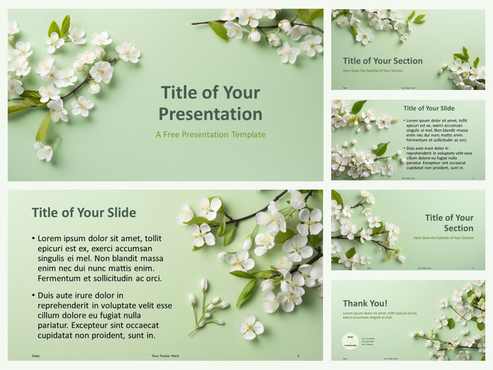 Preview of the Mint Blossom Template for PowerPoint, showcasing 6 slides with a prominent cover slide.