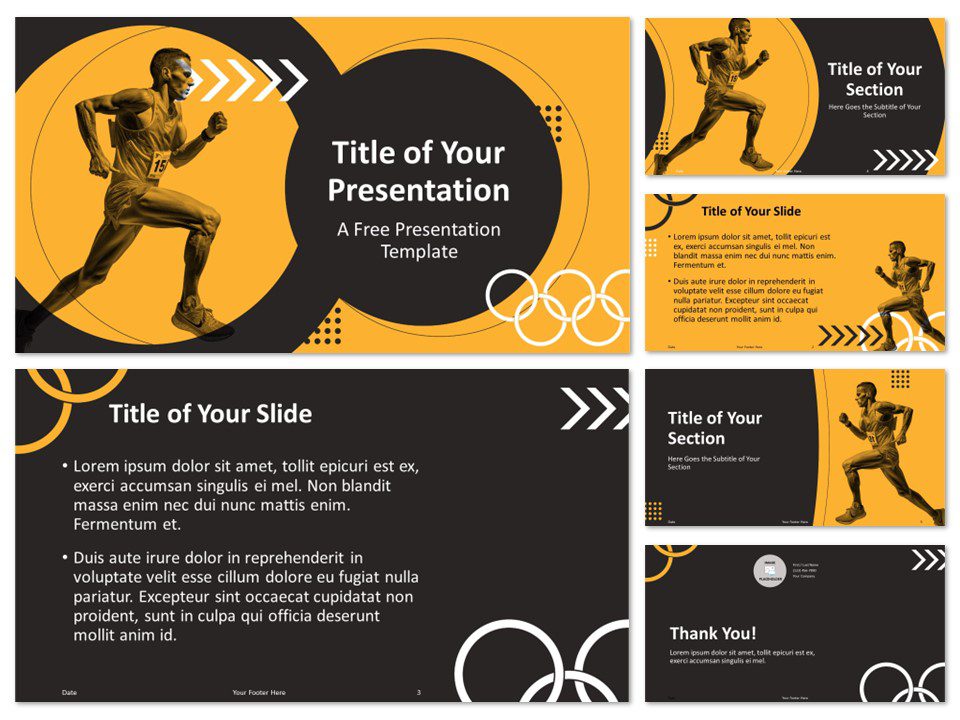 Preview of the Olympic Athletics Track & Field Template for PowerPoint, featuring six slides with a prominent cover slide.