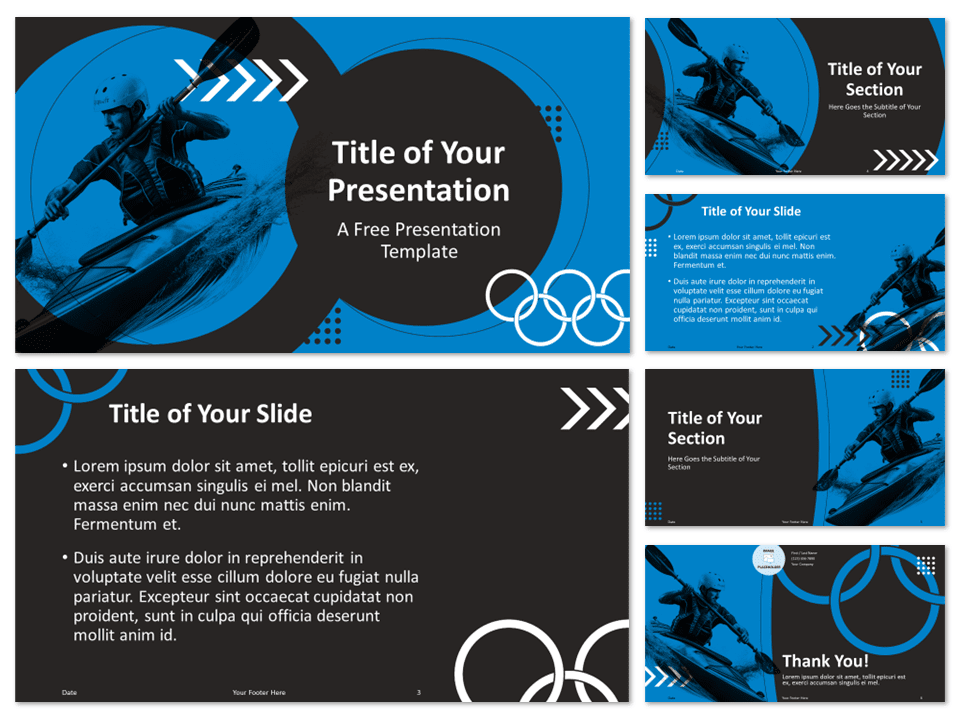 Featured image showing a preview of the Olympic Canoe & Kayak Template for PowerPoint with six slides, prominently displaying the cover slide.