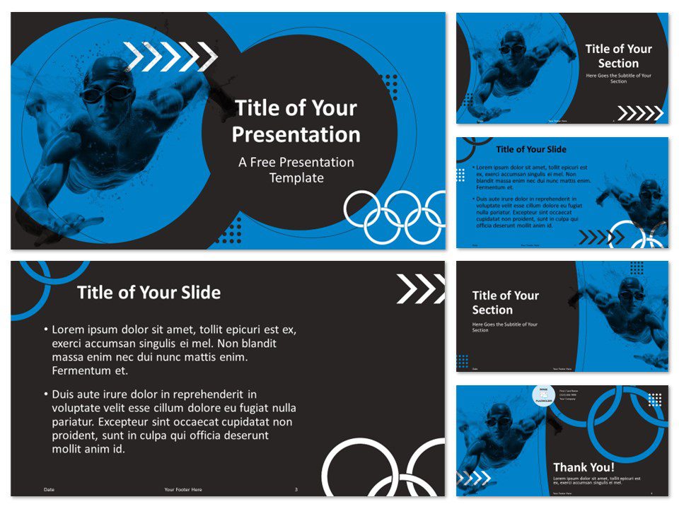 Preview of Olympic Swimming Template for PowerPoint showing 6 slides with the cover slide prominently displayed.