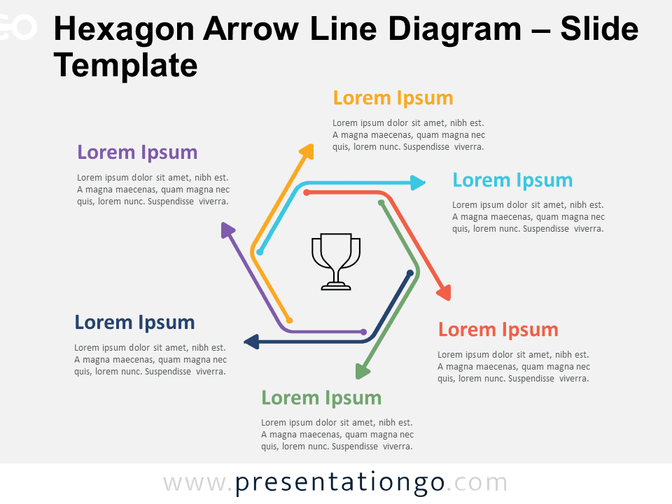 Preview of the Hexagon Arrow Line Diagram for PowerPoint and Google Slides slide template, featuring a hexagonal layout with arrow lines.