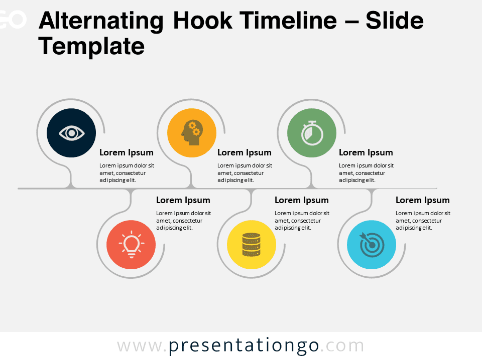 Featured image of the Alternating Hook Timeline for PowerPoint and Google Slides, showing a preview of the template slide.