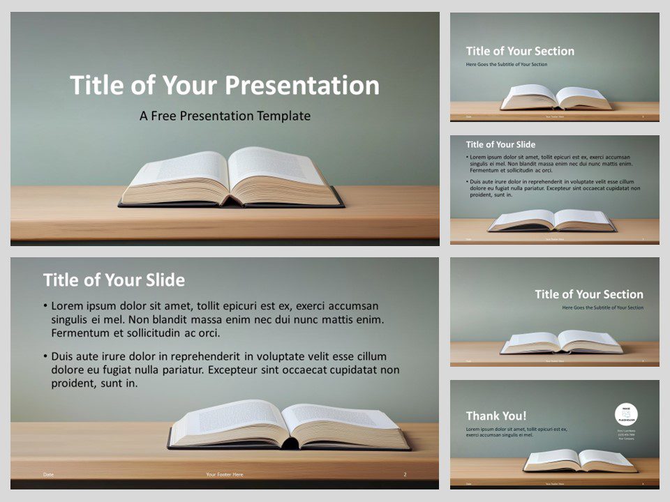 Preview of the six slides in The Art of Learning Template for PowerPoint, showcasing a minimalist design with an open book theme and a calm, muted green background.