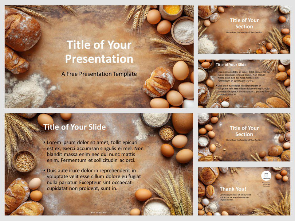 Preview of the Artisan Bakery Template for PowerPoint, featuring a rustic design with bread, wheat, and baking ingredients on a textured background, perfect for food-related presentations.