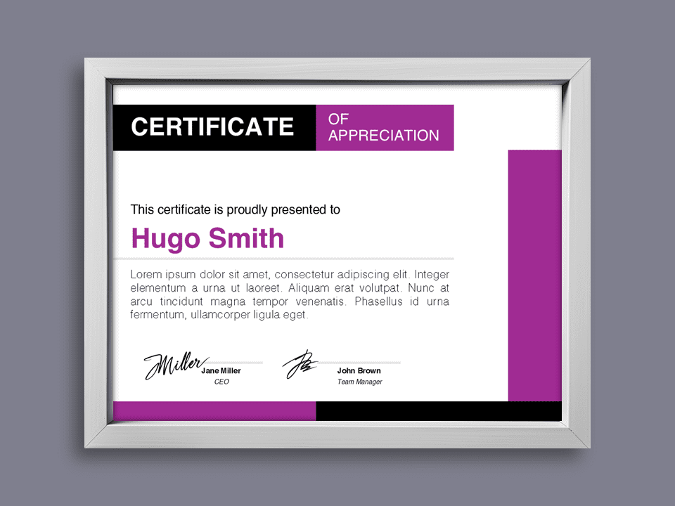 Featured preview of the Bold Purple Certificate Template for PowerPoint and Google Slides, showcasing a clean and modern design.