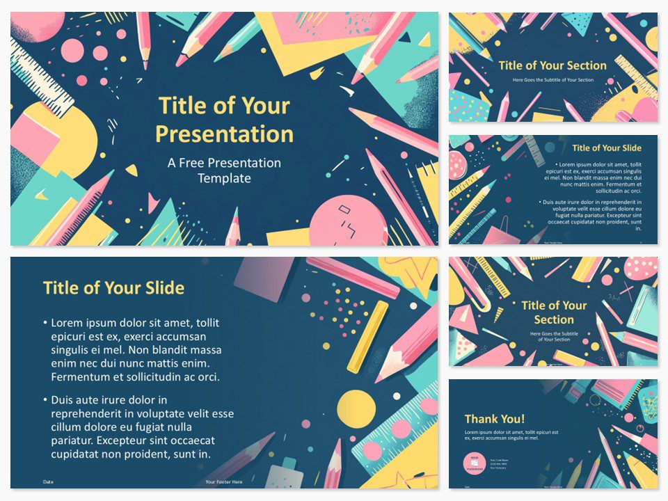 Preview of the Classroom Essentials Template for PowerPoint featuring 6 slides with colorful, hand-drawn school supplies on a dark blue background, ideal for educational presentations.