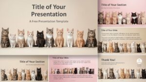 Preview of the Claws and Pastels Template for PowerPoint & Google Slides, featuring six slides with cat illustrations on pastel backgrounds, designed for widescreen presentations.