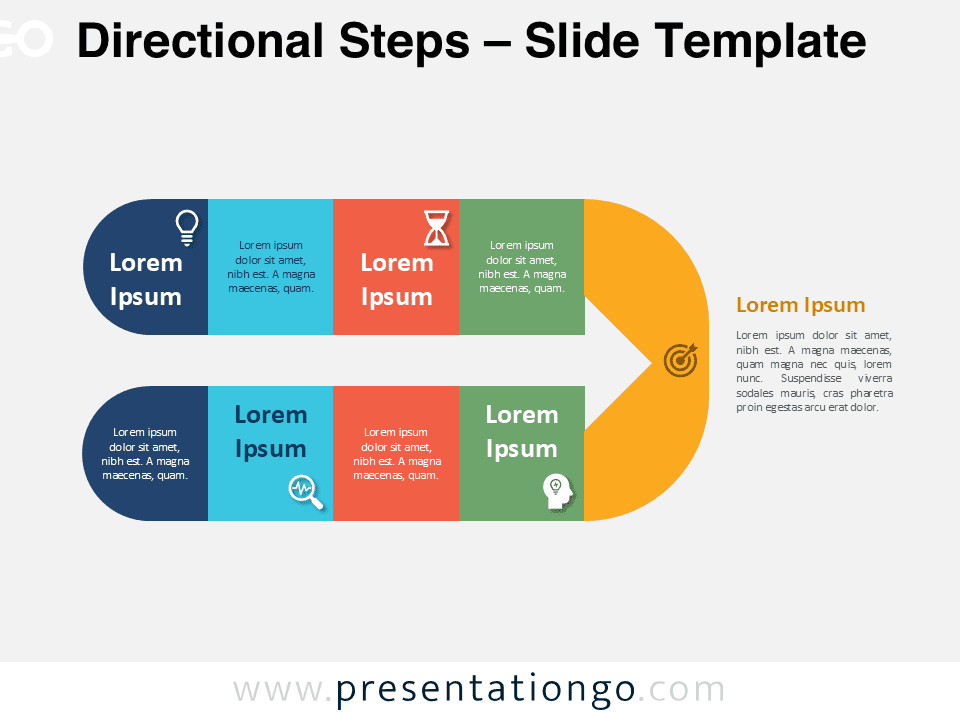 Preview of Directional Steps template for PowerPoint showing a four-step process diagram with an arrow, ideal for linear workflows and timelines.