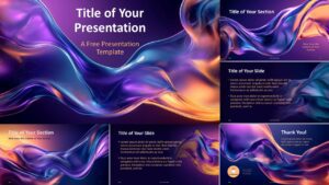 Widescreen preview of the Dynamic Fusion Template for PowerPoint and Google Slides featuring abstract wave-like backgrounds with a vibrant mix of purple, blue, and orange colors.
