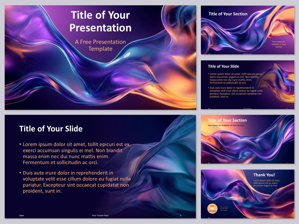 Preview of the Dynamic Fusion Template for PowerPoint showcasing a modern, abstract design with vibrant color gradients in purple, blue, and orange across six sleek slides.