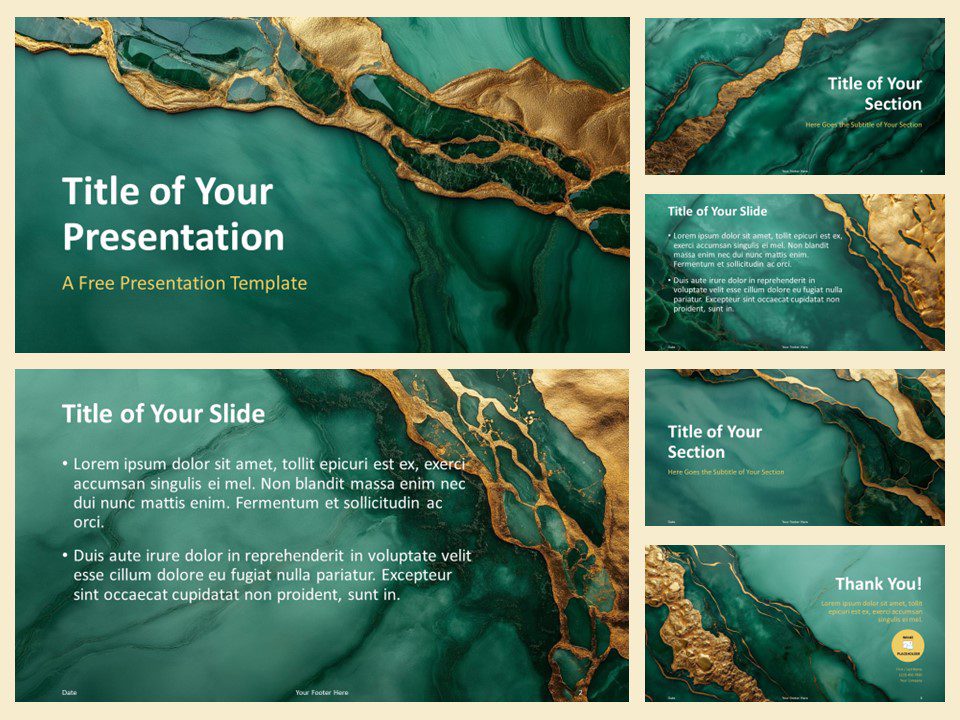 Preview of the Emerald Gold Elegance Template for PowerPoint and Google Slides, featuring luxurious green marble and gold textured slides for a sophisticated presentation design.