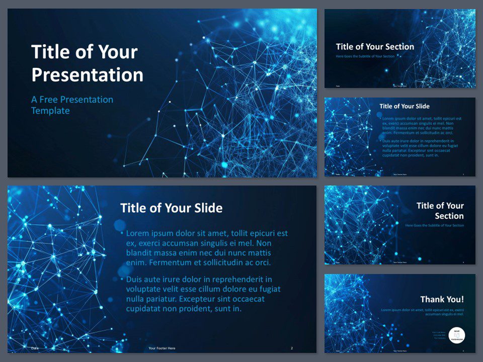 Preview of the FinTech Network Template for PowerPoint, showcasing 6 modern slides with a deep blue network design, ideal for technology and finance presentations.