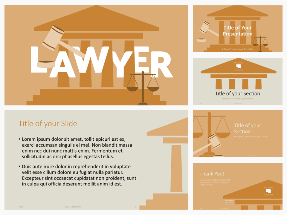 Preview of Lawyer Template for PowerPoint showing various slide layouts, prominently featuring the cover slide with courthouse and gavel illustrations