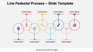 Widescreen preview of the Line Pedestal Process template for PowerPoint and Google Slides, showcasing an 8-step process diagram with a light background. The diagram features alternating pedestal shapes and flowing lines connecting icons to text placeholders, perfect for visualizing processes.