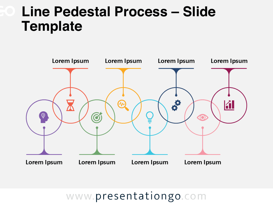 Preview of the Line Pedestal Process template for PowerPoint, featuring an 8-step diagram with alternately aligned pedestals and curved lines connecting circular icons to text placeholders. Ideal for organizing sequential processes and presentations.