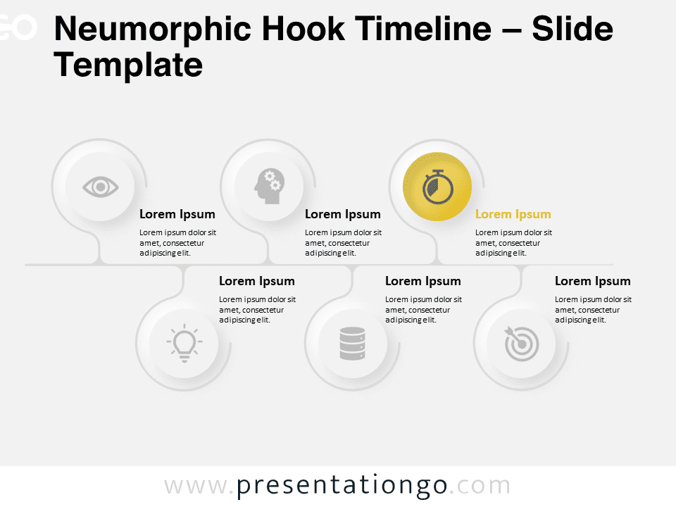 Neumorphic Hook Timeline template for PowerPoint and Google Slides, showcasing a modern design with alternating hooks and milestone icons.