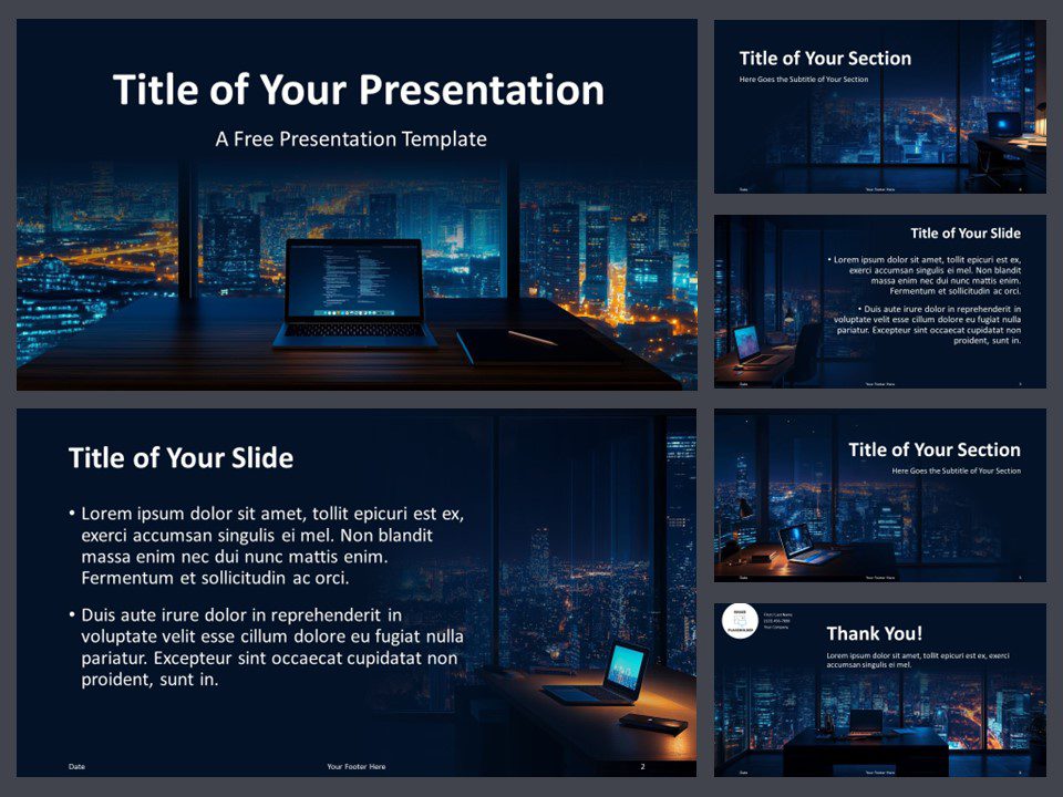 Preview of the Night Office Template for PowerPoint and Google Slides, featuring a modern city-inspired design with dark blue tones and bright city lights.