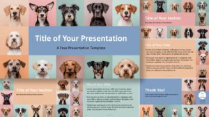 Widescreen preview of the Paws and Pastels Template for PowerPoint and Google Slides, showcasing dog portraits on pastel backgrounds with a friendly and modern design.