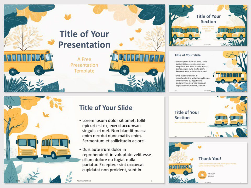 Preview of the School Journey Template for PowerPoint, showcasing the cover slide and 5 additional slide layouts