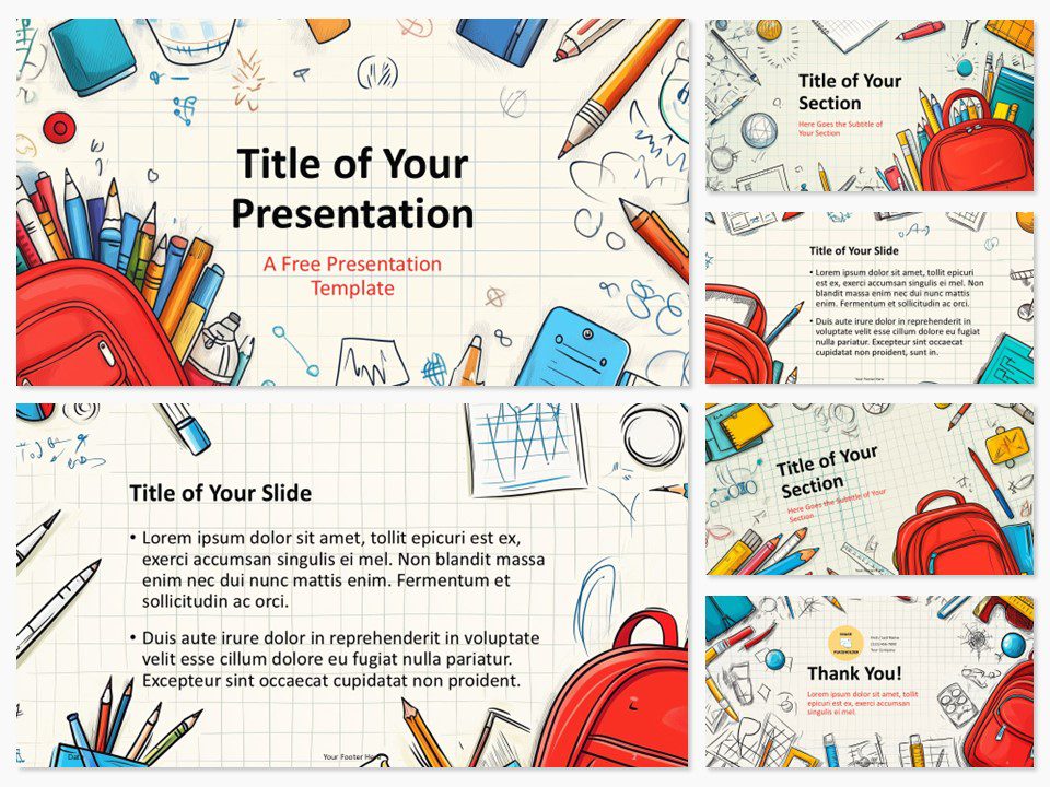 Preview of the School Supply Sketches Template featuring six slide designs with a prominent cover slide