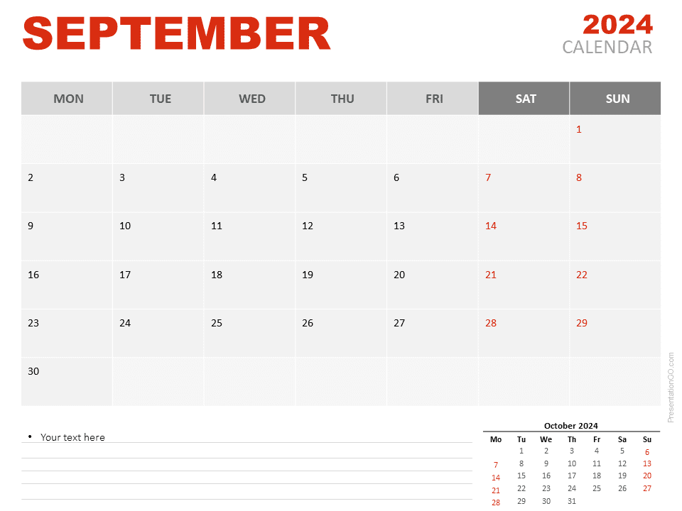 September 2024 Calendar template slide with the week starting on Monday, designed for PowerPoint and Google Slides.