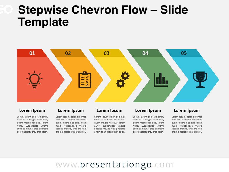 A five-step Chevron Process Diagram template designed for PowerPoint presentations, showcasing sequential steps in a task or workflow. Ideal for illustrating progressions and timelines.