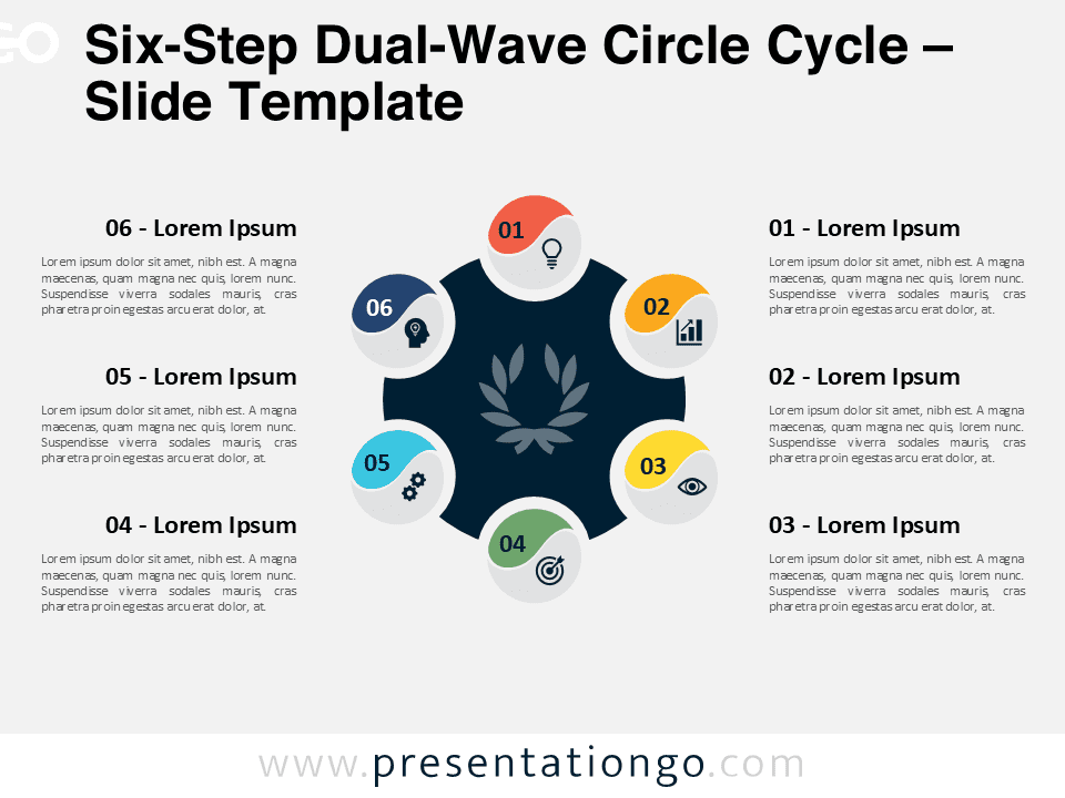 Preview of the 6-Step Dual-Wave Circle Cycle diagram for PowerPoint, showcasing a six-step radial process with alternating flow and icons.