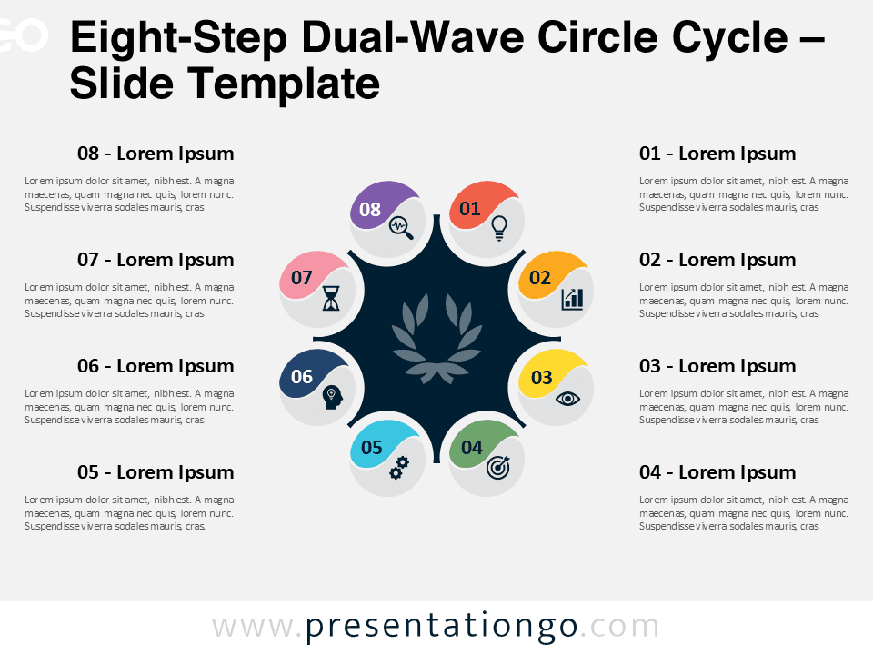 Preview of the 8-Step Dual-Wave Circle Cycle diagram for PowerPoint, featuring eight stages in a radial layout ideal for cyclical processes.