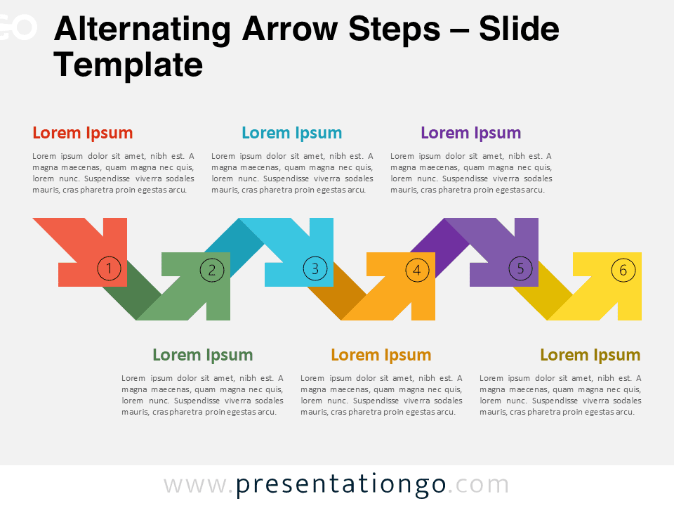 Preview of the Alternating Arrow Steps process diagram for PowerPoint, showcasing six editable steps in an alternating flow for workflow presentations.