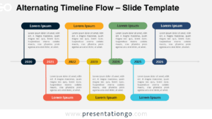 Widescreen preview of the Alternating Timeline Flow template for PowerPoint and Google Slides with a light background. Six-step timeline with editable shapes, alternating content, and a clean layout for business milestones or project plans.