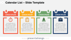 Widescreen version of the Calendar List template for PowerPoint & Google Slides with a light background, showing four editable sections for task organization, customizable text, and icons. Available for both standard and widescreen formats.