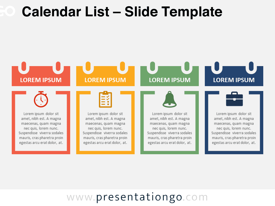 Preview of the Calendar List for PowerPoint template featuring four customizable calendar-style sections with placeholders for text and icons. This template is ideal for organizing tasks or events in a structured format.