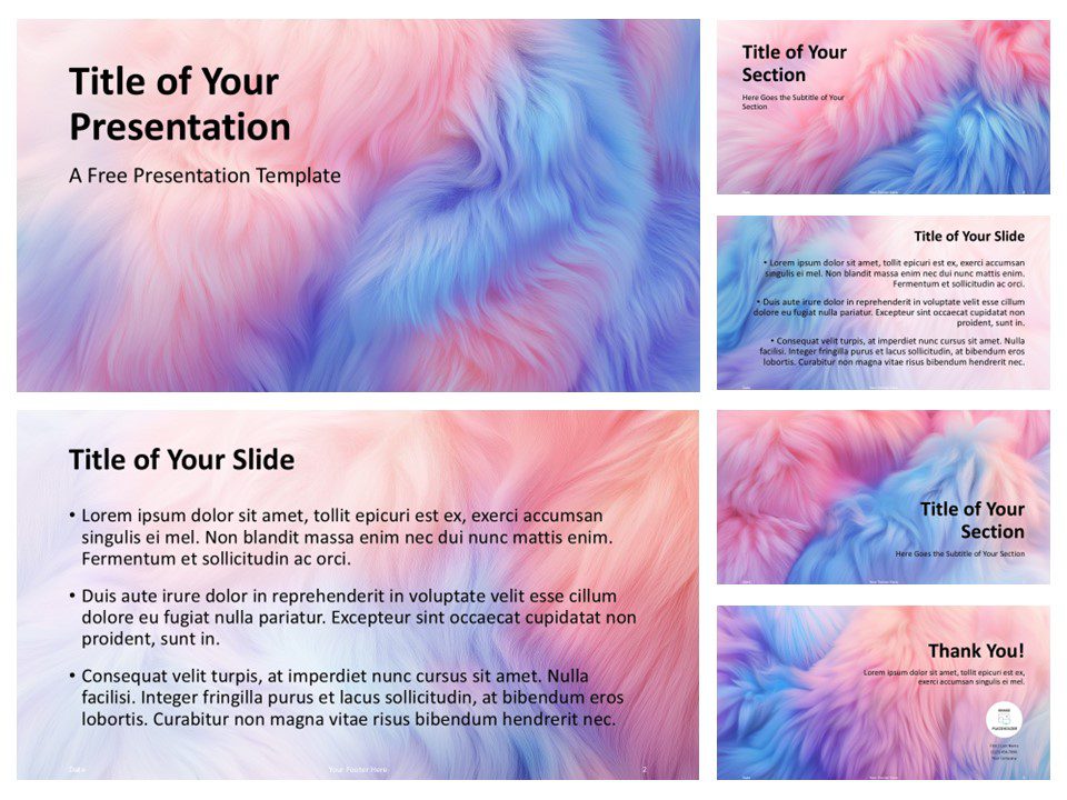 Dreamy Fluff Template preview with soft pastel colors and fur-like texture for PowerPoint and Google Slides, featuring six slides.