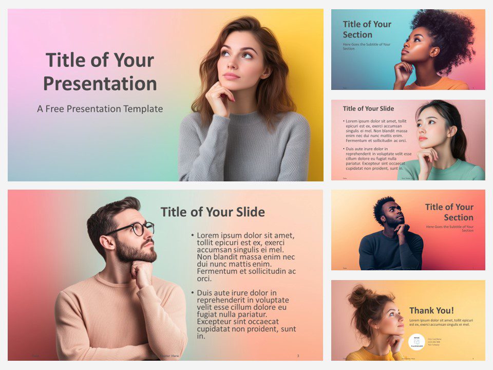 Preview of the Gradient Thinking Portraits Template for PowerPoint and Google Slides, featuring six slides with contemplative portraits and soothing gradient backgrounds.