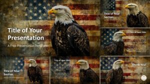 Heritage of Freedom Template in widescreen format for PowerPoint and Google Slides, showing 6 patriotic slides with a bald eagle and a weathered American flag.