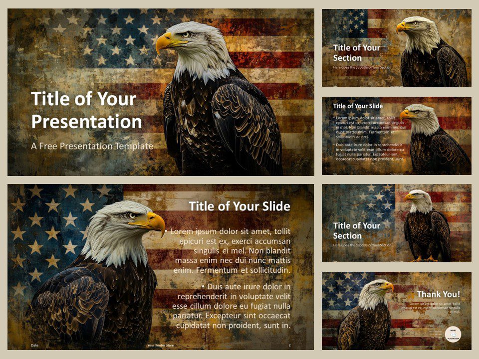 Preview of the 6-slide Heritage of Freedom Template for PowerPoint and Google Slides featuring patriotic eagle imagery with a vintage American flag design.