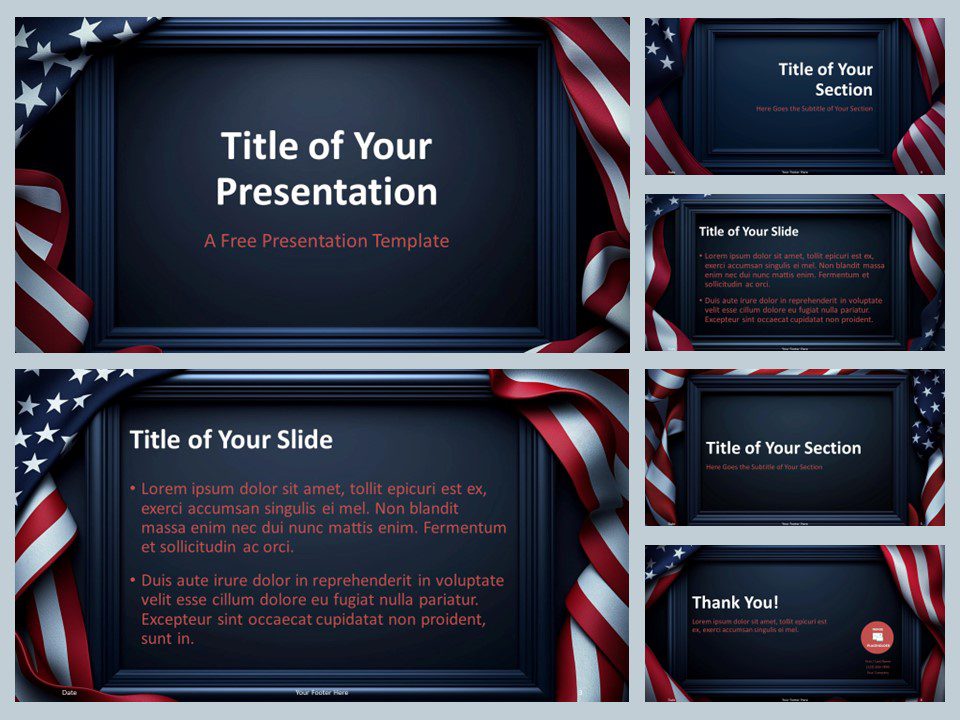 Preview of the Liberty Frame Template featuring 6 patriotic slides with a navy blue background and American flag design for PowerPoint and Google Slides.